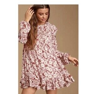 Free People Floral Mini Dress Small Red White Pleated Ruffle Hem Boho Festival